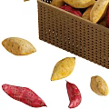 Sweet Potatoes In And Around A Woven Basket 3d model