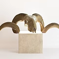 Ram Skull Sculpture with Large Curved Horns on Square Stone Base