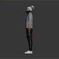 Man in Gray Turtleneck Sweater Black Mask Standing Black Pants White Shoes on Gray Background