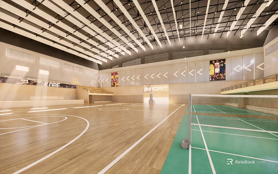 Basketball Court With Wooden Floor Green Badminton Area White Lines Bleachers And Ceiling Lights 3d model 