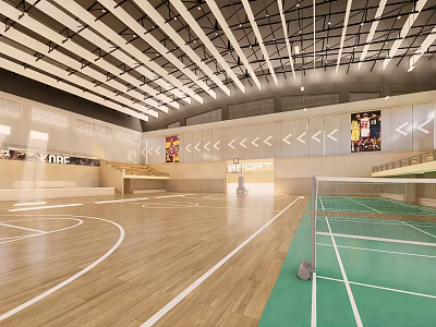 Basketball Court With Wooden Floor Green Badminton Area White Lines Bleachers And Ceiling Lights 3d model