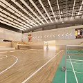 Basketball Court With Wooden Floor Green Badminton Area White Lines Bleachers And Ceiling Lights