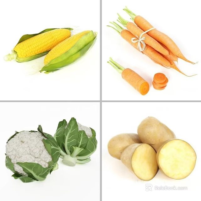 Fresh Assorted Vegetables Including Corn Carrots Cauliflower and Potatoes Whole and Sliced 3d model 