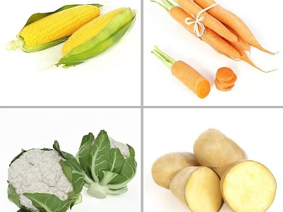 Fresh Assorted Vegetables Including Corn Carrots Cauliflower and Potatoes Whole and Sliced 3d model
