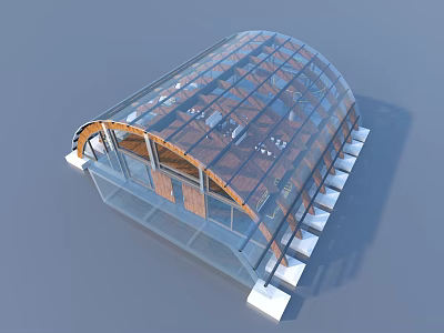 Transparent Modern Building With Curved Glass Roof And Wooden Frame Interior 3d model