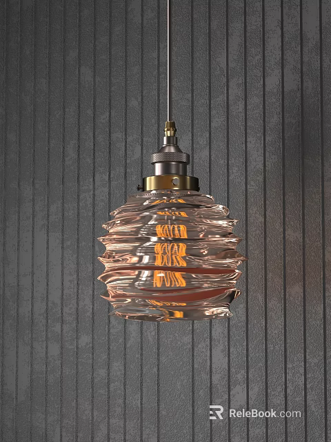 Warm Toned Glass Chandelier With Wavy Texture And Metal Base Against Dark Vertical Striped Wall 3d model 