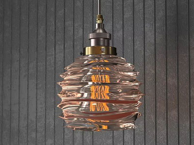 Warm Toned Glass Chandelier With Wavy Texture And Metal Base Against Dark Vertical Striped Wall 3d model