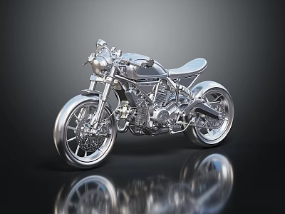 Silver Custom Motorcycle With Shiny Metallic Finish And Reflection On Black Surface 3d model