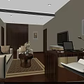 Modern Hotel Room Interior With Sofa Coffee Table Desk Chair TV And Decorative Paintings