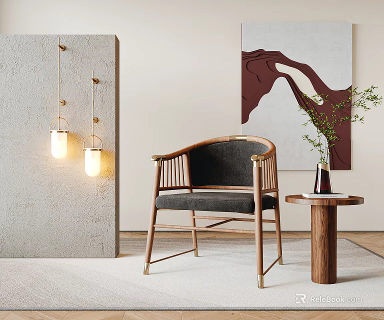 Modern Leisure Chair With Wooden Frame Gray Cushion Side Table And Wall Artwork 3d model 