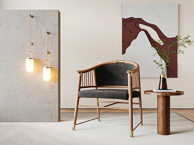 Modern Leisure Chair With Wooden Frame Gray Cushion Side Table And Wall Artwork 3d model