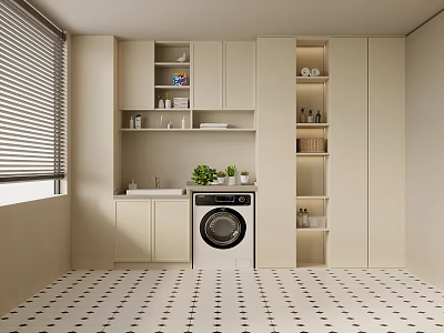 Modern Laundry Room With White Washing Machine Light Colored Cabinets Shelves And Patterned Tiles 3d model