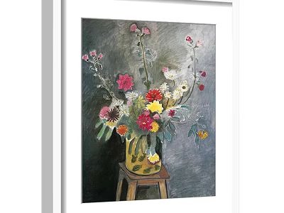 Botanical Painting with Colorful Flowers in Yellow Vase on Wooden Stool Dark Background 3d model