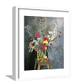 Botanical Painting with Colorful Flowers in Yellow Vase on Wooden Stool Dark Background