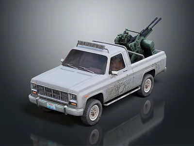 Gray Pickup Truck With Mounted Machine Gun On Cargo Bed 3d model