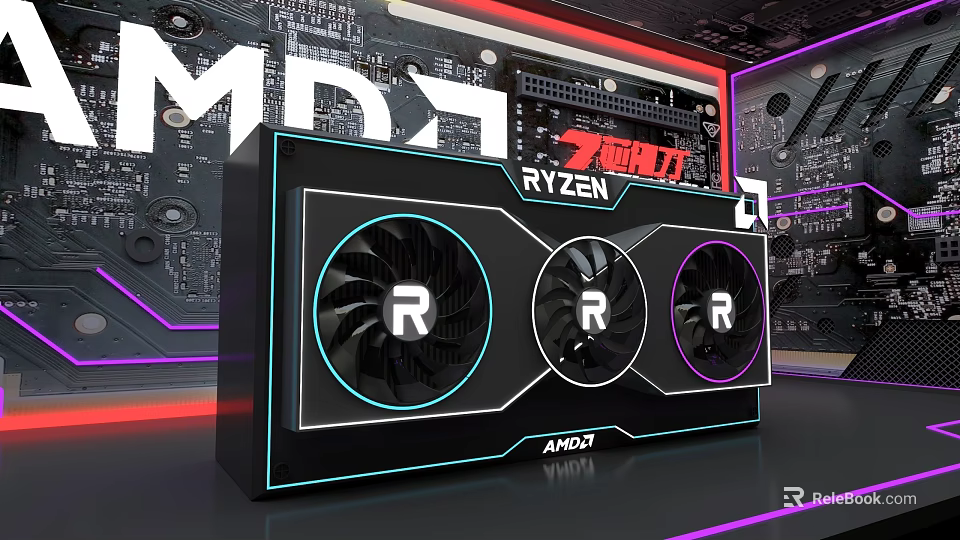 AMD RYZEN Premium Black Three Fan Neon Cooler Gaming Retail Store 3d model 