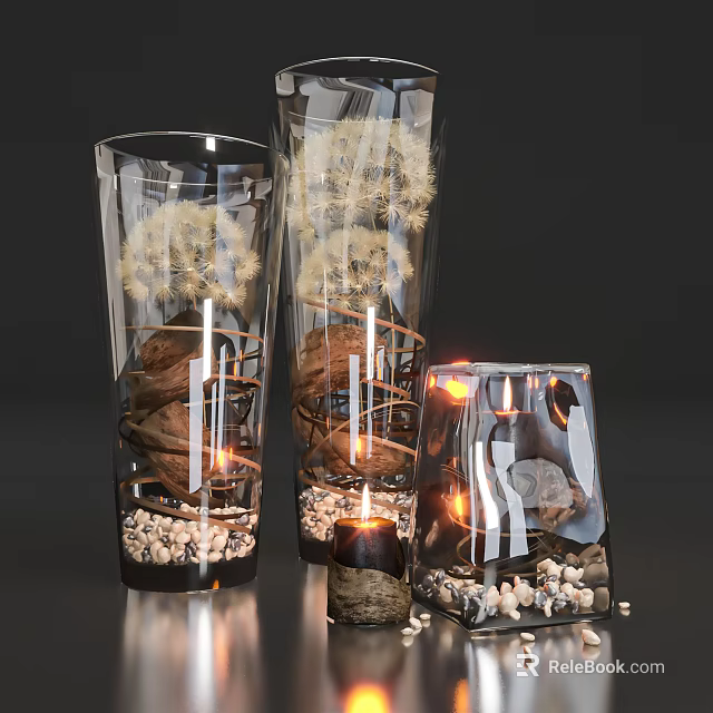 Transparent Glass Candle Lamp With Dandelion Stones And Pebbles Decorative Interior 3d model 