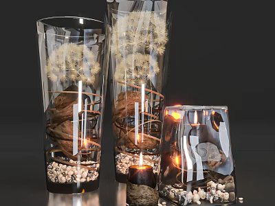 Transparent Glass Candle Lamp With Dandelion Stones And Pebbles Decorative Interior 3d model
