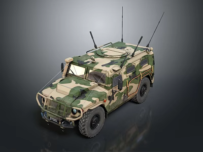 Camouflage Military Vehicle With Armored Body Multiple Antennas And Off Road Wheels 3d model