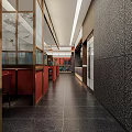 Modern Hotel Lobby Interior With Decorative Screen Staircase Orange Lighting And Dark Flooring