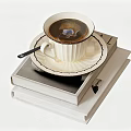 Classic White Coffee Cup On Decorative Saucer With Stack Of Books And Spoon