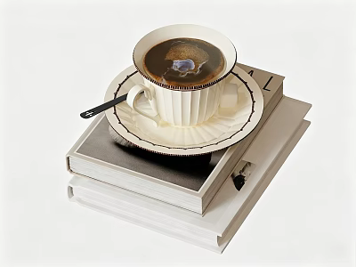 Classic White Coffee Cup On Decorative Saucer With Stack Of Books And Spoon 3d model