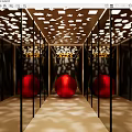 Modern Ceiling with Cutout Geometric Patterns Lighting and Red Spheres Reflecting on Black Mirrored Walls