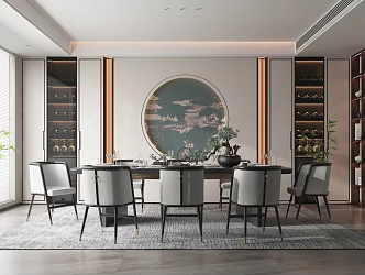 New Chinese Restaurant Home Dining Table and Chair Combination Wine Cabinet Display Cabinet Green Plant Chandelier Carpet 3d model