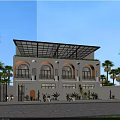 Modern Detached Villa Exterior With Glass Roof Arched Windows Iron Gate And Palm Trees