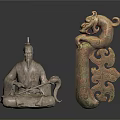Ancient Chinese Sculptures Featuring Seated Figure And Dragon Carving With Intricate Patterns