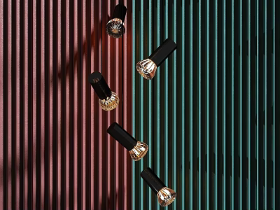 Modern Stylish Pendant Lights With Black Frame Gold Details Against Striped Red Green Background 3d model