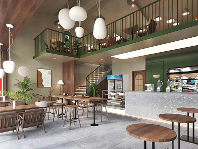 Modern Restaurant Interior With White Pendant Lights Green Mezzanine Railings And Wooden Tables 3d model