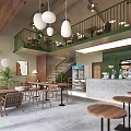 Modern Restaurant Interior With White Pendant Lights Green Mezzanine Railings And Wooden Tables