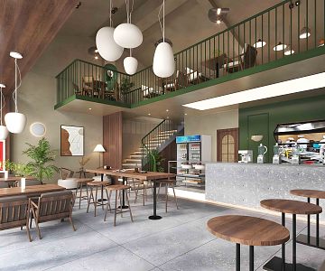 Modern Cafe Log Style Tea Restaurant Milk Tea Shop Coffee Table and Chair Coffee Shop Operator Cashier Front Desk 3d model