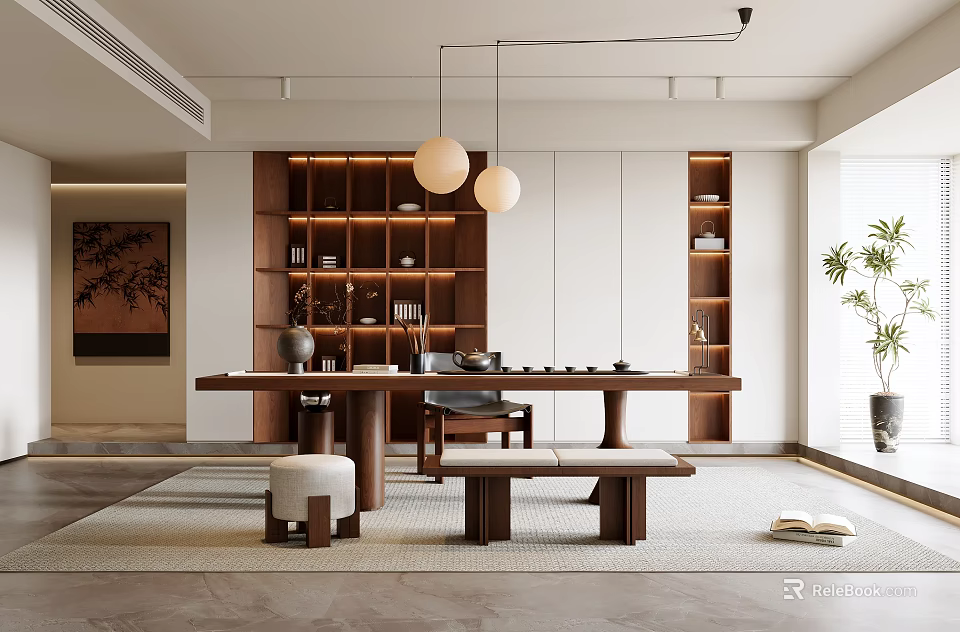 Serene Zen Tea Room Interior Design With Long Wooden Table Hanging Lamps And Potted Plant 3d model 