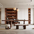 Serene Zen Tea Room Interior Design With Long Wooden Table Hanging Lamps And Potted Plant