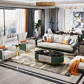 White Leisure Sofa Set With Green Armrests Gold Legs Orange Gray Cushions And Side Table