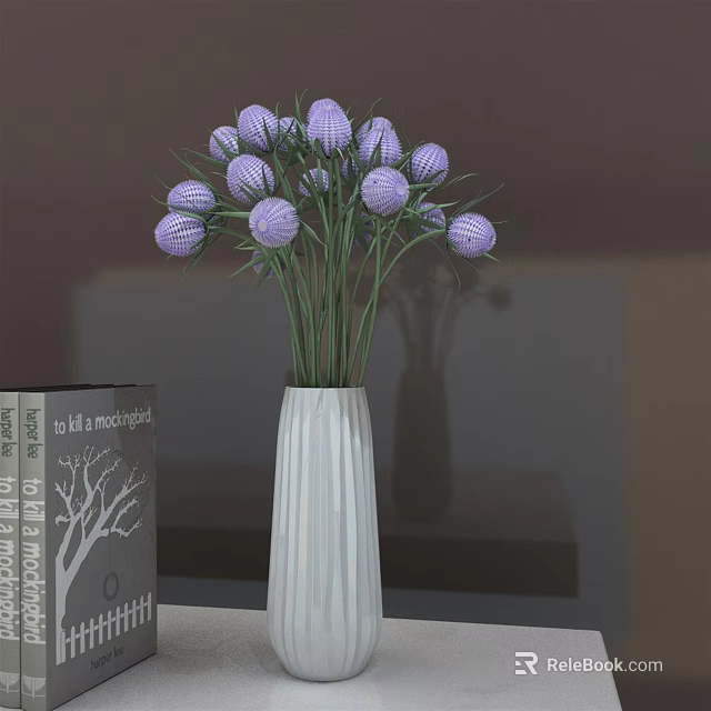 White Textured Vase with Purple Spherical Flowers on Table with Books for Home Decor 3d model 