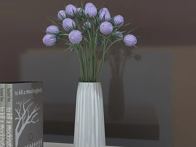 White Textured Vase with Purple Spherical Flowers on Table with Books for Home Decor 3d model