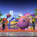 Outdoor City Night Art Installation With Pink Monster Sculpture Mushroom Decorations And Colorful Arches