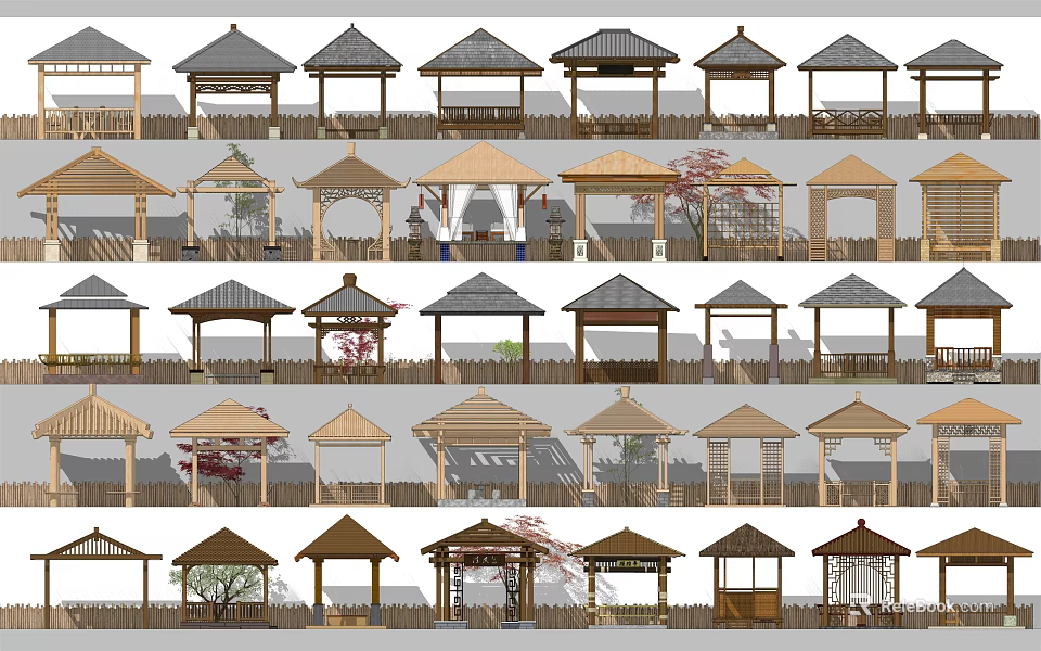 Various Wooden Pavilions With Different Roof Designs And Structural Styles Arranged In Rows 3d model 