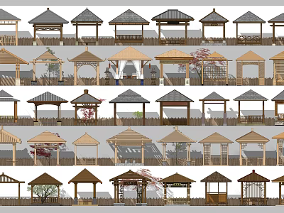 Various Wooden Pavilions With Different Roof Designs And Structural Styles Arranged In Rows 3d model