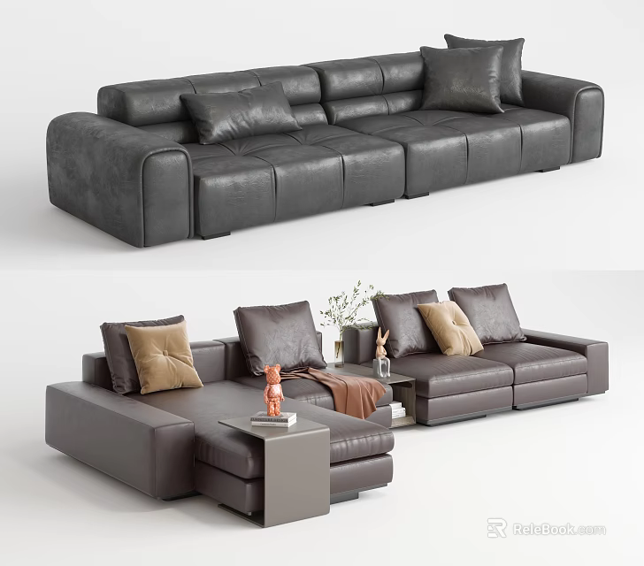 Gray Leather Sectional Sofa Set With Pillows Side Table And Throw Blanket For Living Room 3d model 
