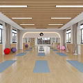 Kindergarten Spacious Activity Room With Wooden Flooring Blue Yoga Mats And Colorful Balls