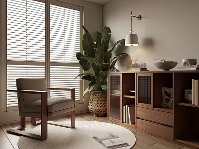 Comfortable Leisure Chair In Cozy Room With Window Blinds Leafy Plant And Wooden Cabinet 3d model