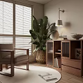 Comfortable Leisure Chair In Cozy Room With Window Blinds Leafy Plant And Wooden Cabinet