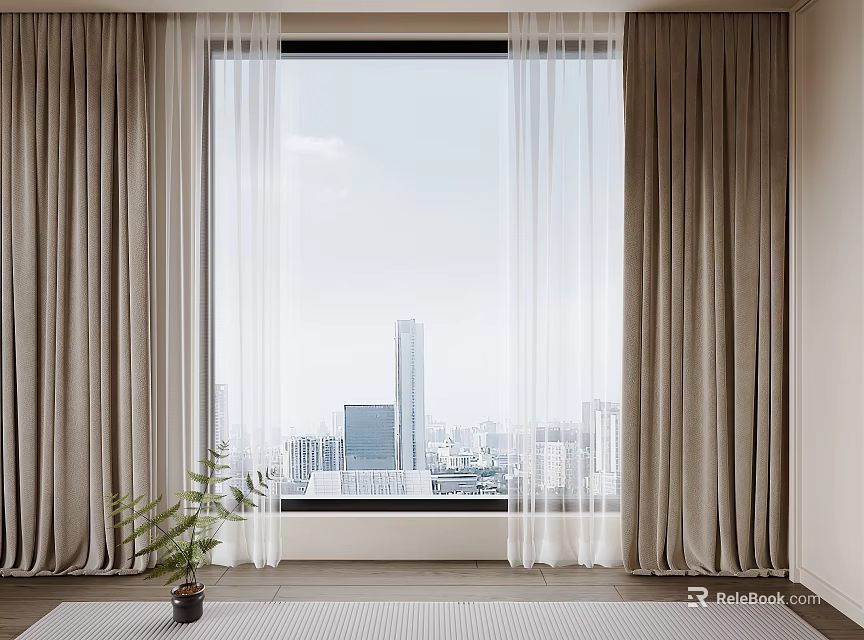 Beige Curtains With White Sheer Layers In City View Room Interior 3d model 