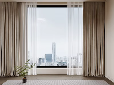 Beige Curtains With White Sheer Layers In City View Room Interior 3d model