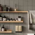 Modern Bathroom Accessories With Wooden Shelves Towels And Toiletries On Gray Tiled Wall