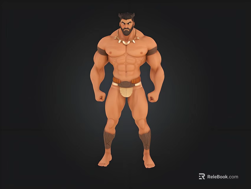 Muscular Shirtless Man With Necklace Leather Loincloth And Arm Leg Decorations Standing Strong 3d model 